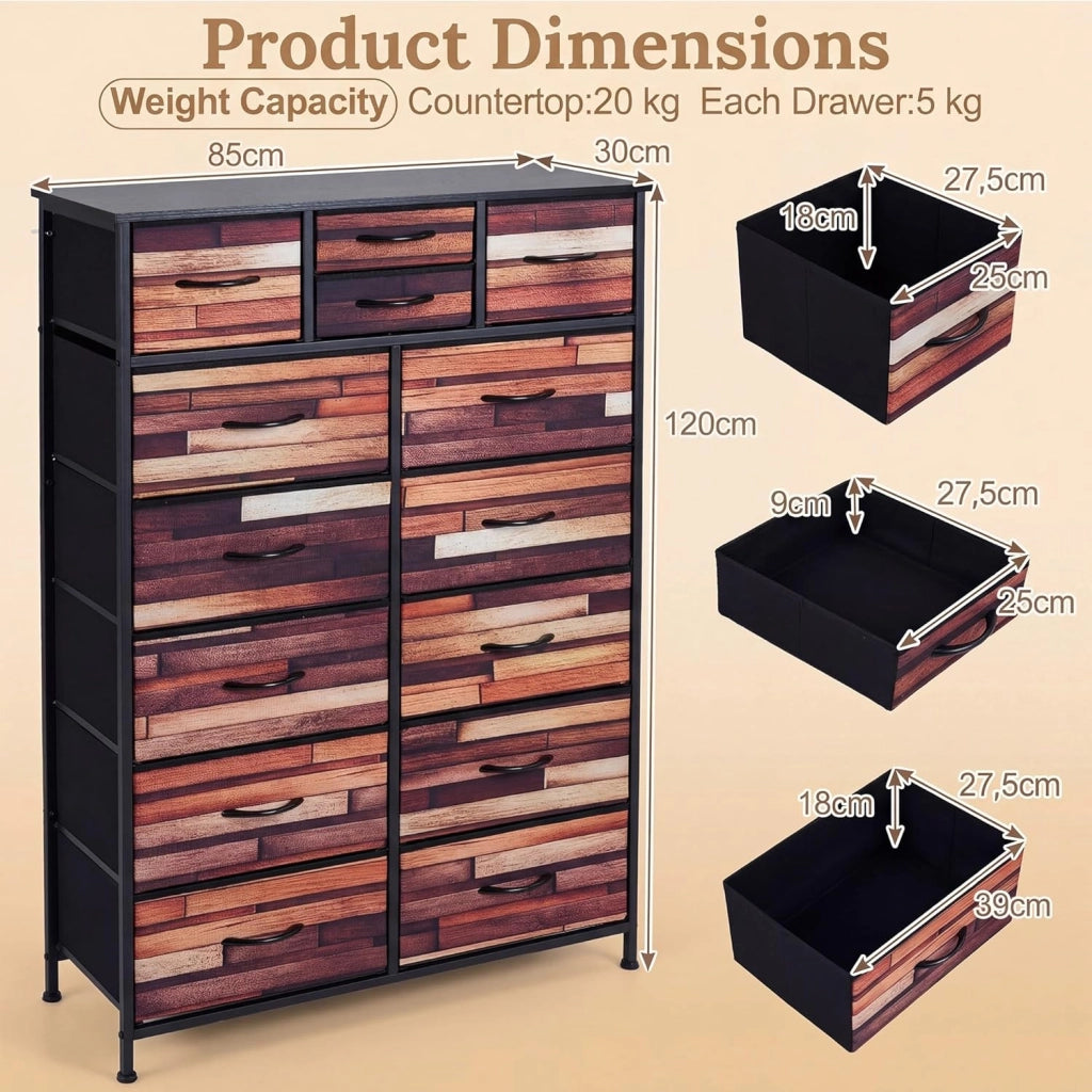 Cassettiera Camera da Letto con 11/14 Cassetti Pieghevoli, Credenza Soggiorno, Mobiletto Contenitore, Comò Multiuso per Salotto, Ingresso, Stile Industriale, in Legno, Metallo (85 x 30 x 120 cm)