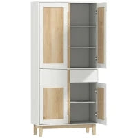 Credenza da cucina alta  con 4 ante, 2 cassetti e mensole regolabili, 80x35x170cm, Bianco e quercia
