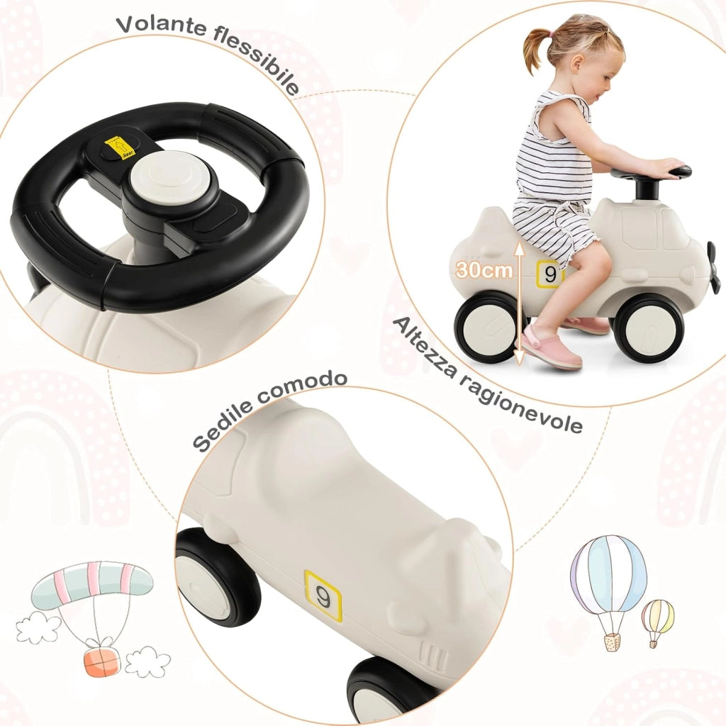 Macchinina Cavalcabile a Spinta per Bambini, Macchina Giocattolo a Forma di Aereo, Veicolo da Guidare con Piedi e Sterzo Flessibile e 4 Ruote, Ideale per Bambini 18-72 Mesi