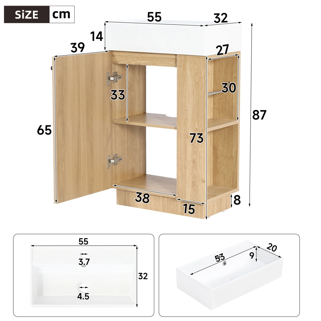 Mobile sottolavabo con lavabo in ceramica, 1 anta, ripiani aperti e porta carta igienica, per bagno, 55 × 32 × 87 cm