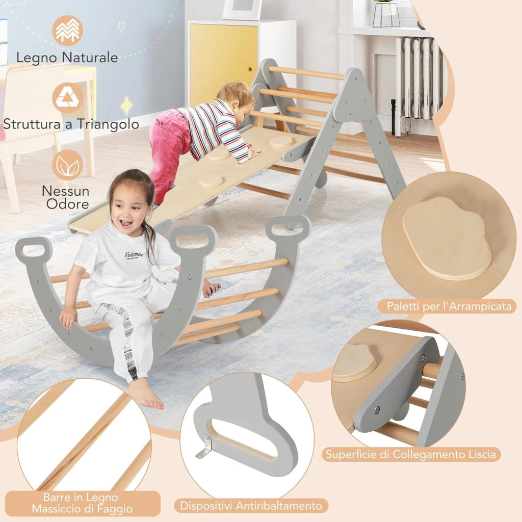 4 in 1 Set da Arrampicata per Bambini, Giocattoli da Arrampicata a Triangolo con Triangolo Arco e Salita, Ideale per Bambini 1 Anni + (Grigio)