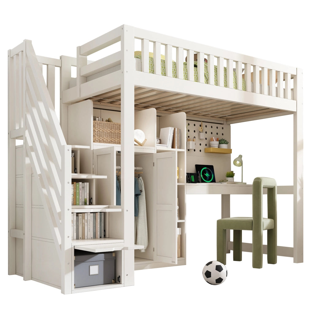 Letto a Soppalco con Scrivania e Armadio ¨C MINIMAL ¨C 90x200, Bianco, Rete a Doghe