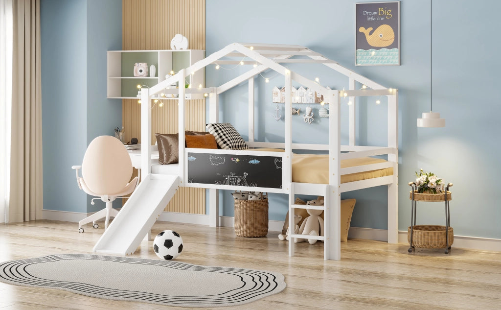 Letto a castello bianco in legno massello con scivolo e scala di sicurezza 90x200 cm