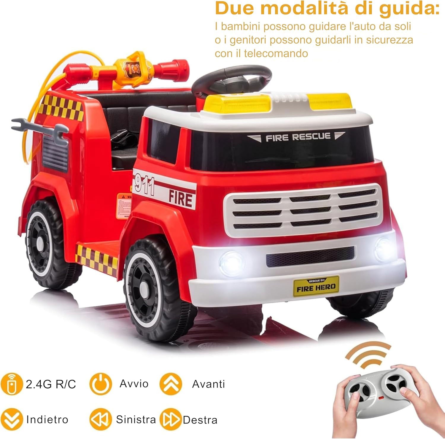 Macchina Elettrica per Bambini Camion dei Pompieri Telecomandato 12V 7,5Ah Rosso