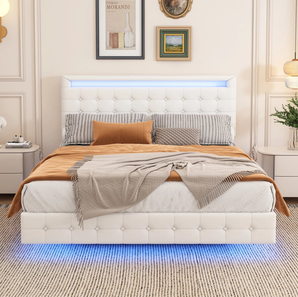 Letto matrimoniale bianco 140x200 cm con LED regolabile e testiera adattabile