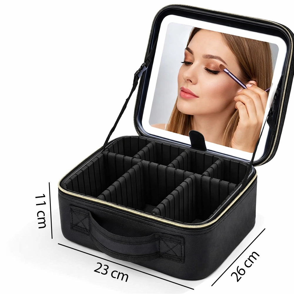 Borsa Nera Porta Trucchi con Led Specchio ed Illuminazione Organizer Scomparti