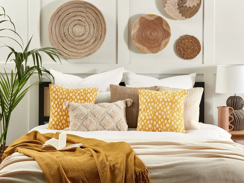 Set di 2 cuscini decorativi motivo foglia di cotone 45 x 45 cm nappe decorative rivestimento sfoderabile accessori decorativi