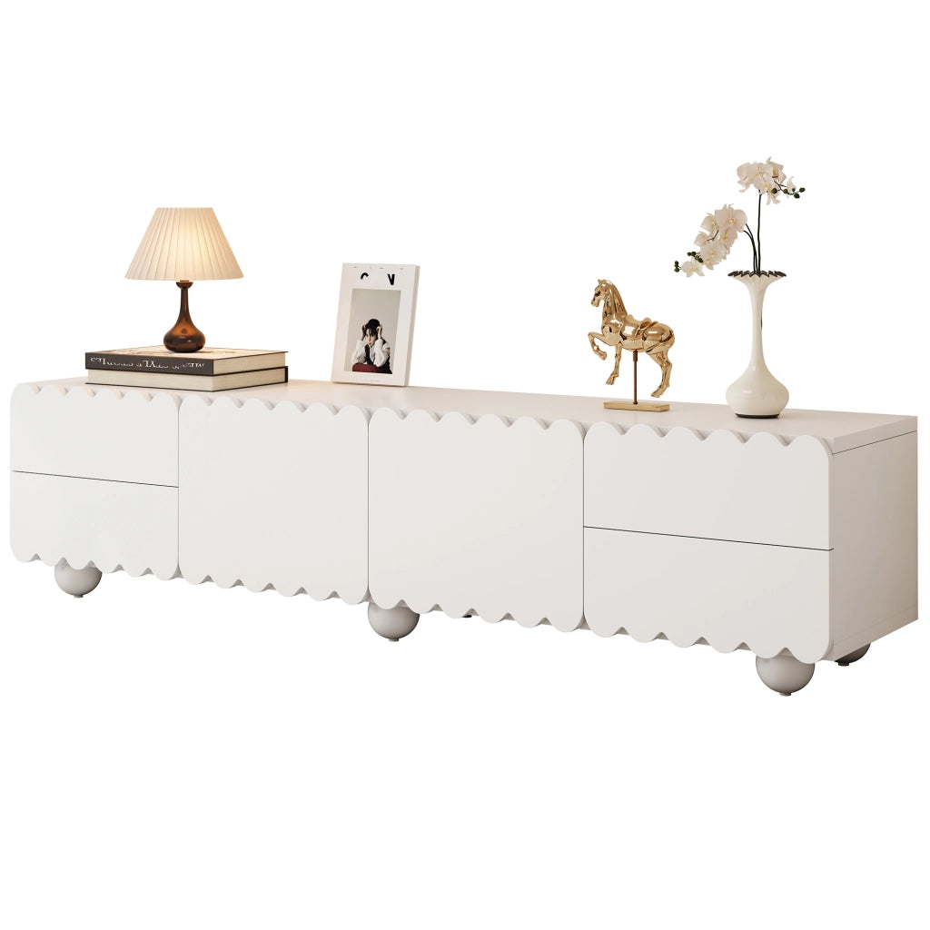 Mobile TV con 2 Ante e 2 Cassetti; Bordi Arrotondati; Design Minimalista; Soggiorno; in MDF e Pannello Truciolare; Bianco; 175??38??37 cm