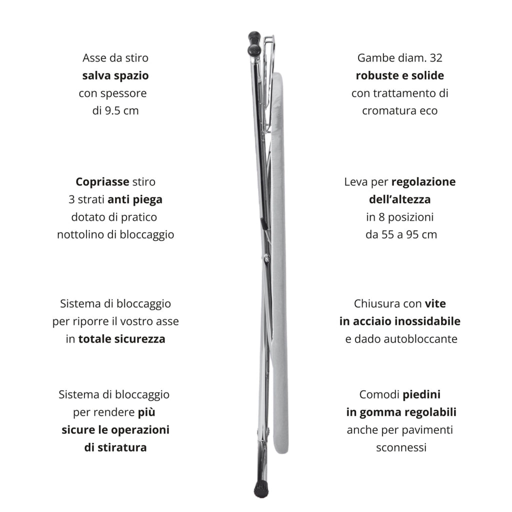 Asse da Stiro Rugby Plus 125x46 cm Salvaspazio Ampia Area Gambe Triple in Acciaio