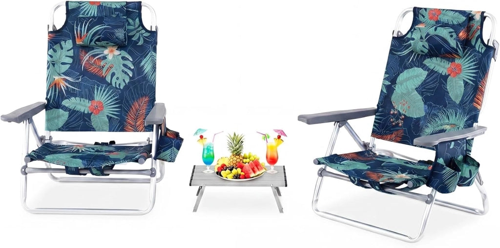 Set di 2 Sedie e Tavolino da Spiaggia Pieghevole, Schienale Regolabile a 5 Livelli, con Portatesta, Borsa Portaoggetti, Borsa Termica, per Campeggio Picnic Esterno (Fogliame, Modello 2)