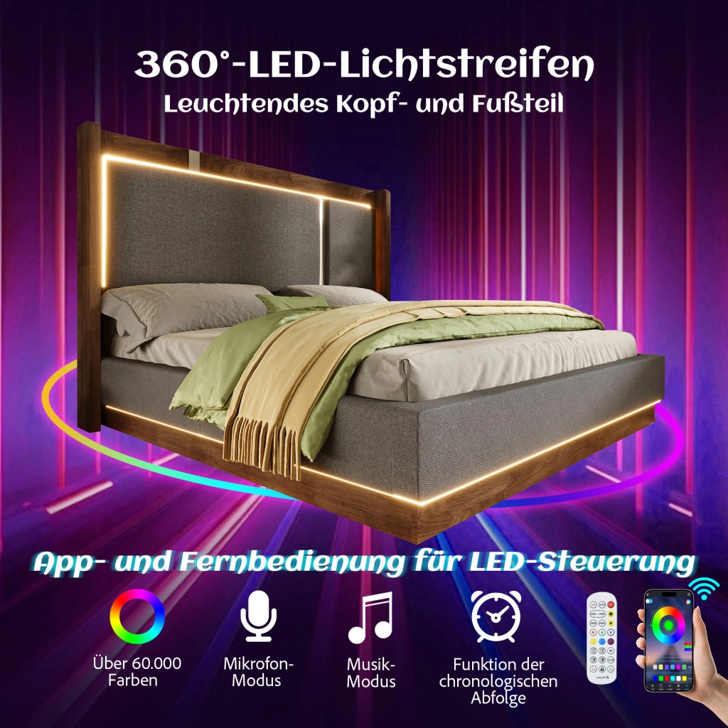Letto contenitore 90 × 200 cm con LED, vano idraulico, senza materasso, in lino, grigio e noce