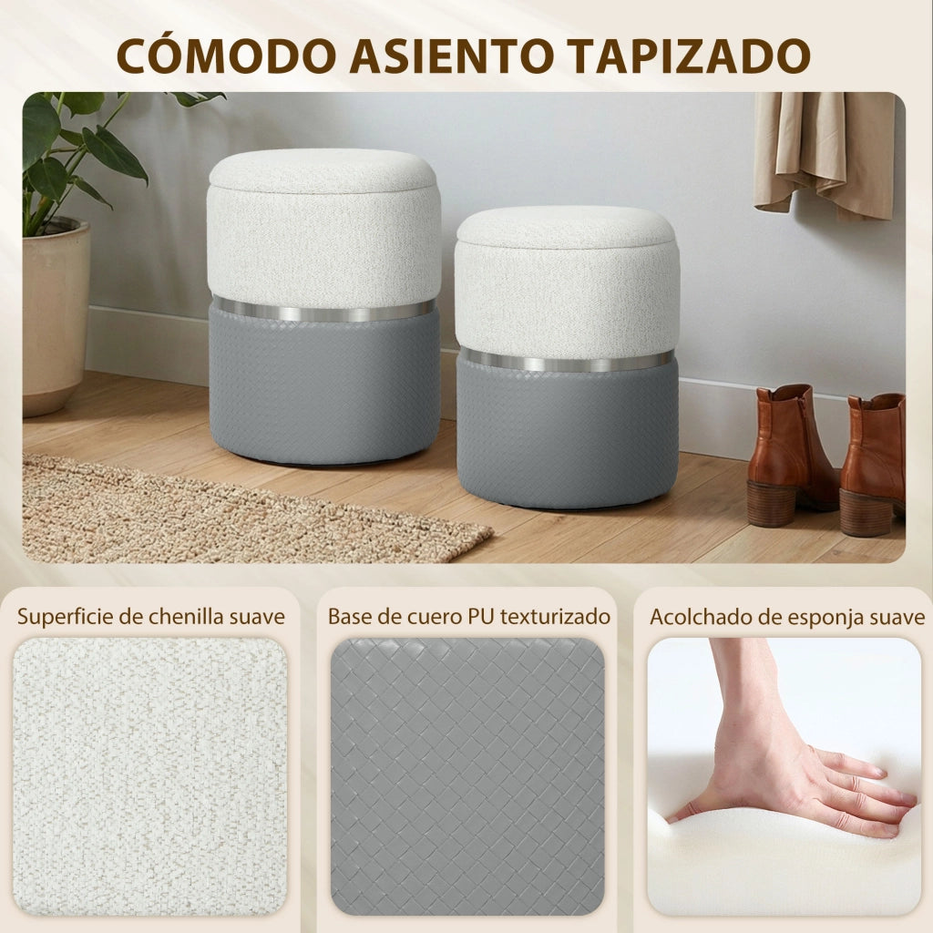 Set 2 Pouf Contenitore ¨C Xylo ¨C Rivestimento Tessuto Chenille e Similpelle Grigio e Crema