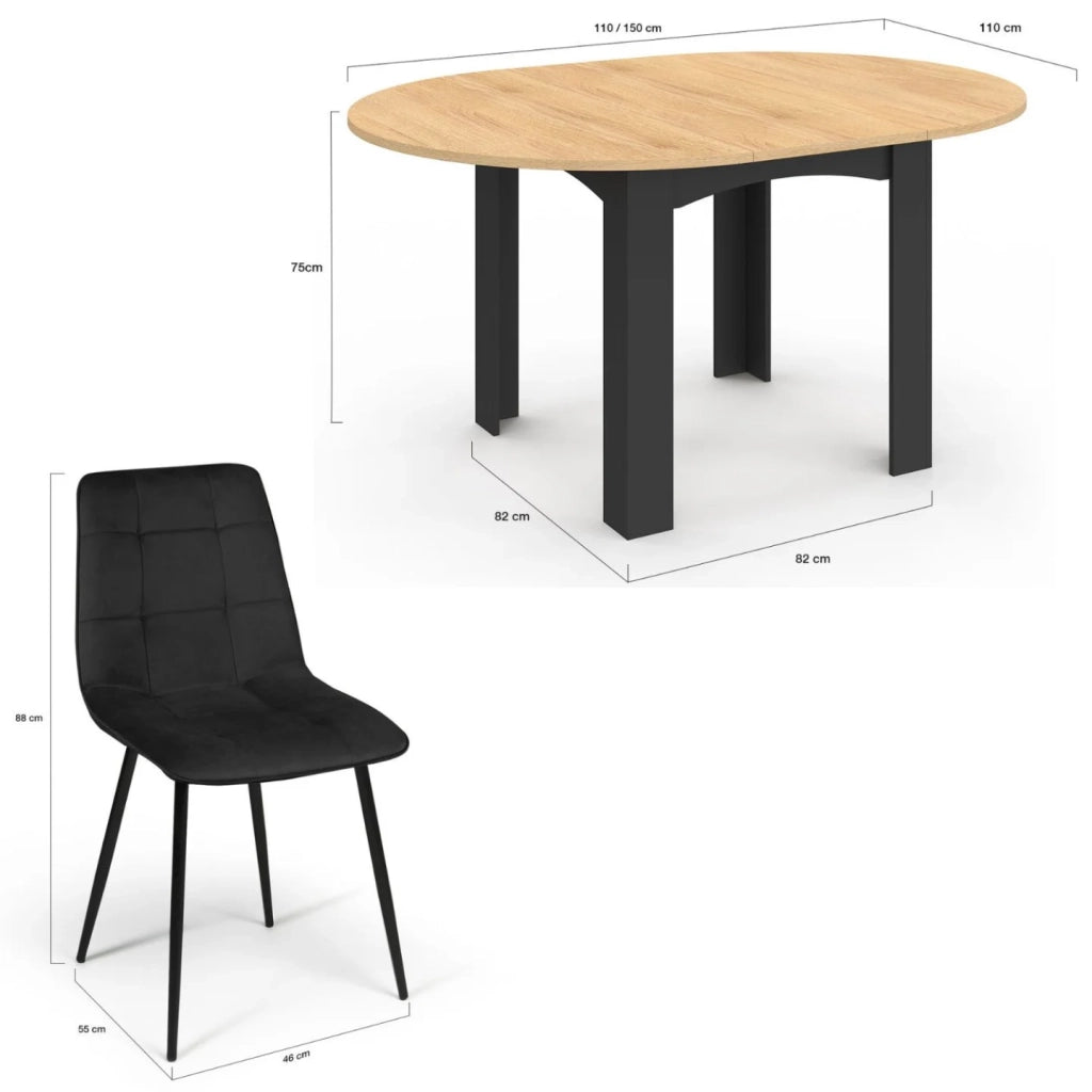 IDMarket - Tavolo da pranzo rotondo allungabile DONA nero con piano effetto faggio 110 - 150 cm e 6 sedie MILA in velluto nero