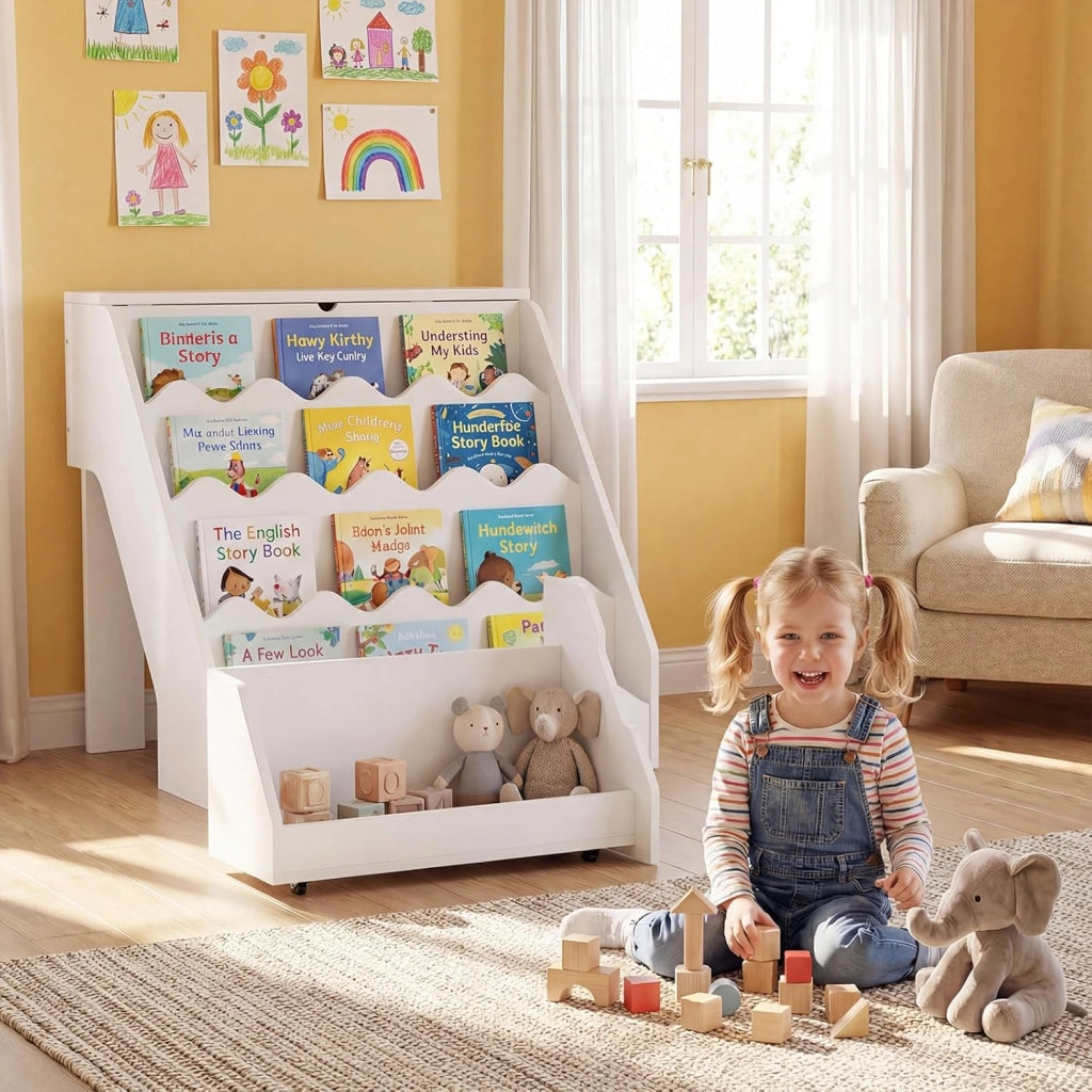 Libreria Montessoriana per Bambini 2in1, Scaffale per Libri a 4 Livelli con Carrello Portagiochi, Vano con Coperchio Ribaltabile, per Cameretta e Stanza dei Giochi, 63x49x61,5 cm (Bianco)