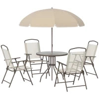 6 pz Set Mobili da Giardino in Tubi d'Acciaio,   Tavolo da Giardino con Sedie e Ombrellone, Crema