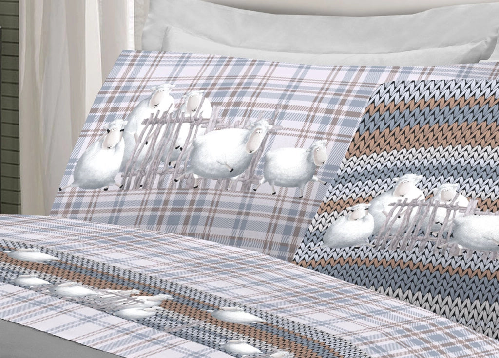 Completo Lenzuola Linea Pensieri Delicati 100% Cotone Disegno Pecorelle - Singolo - Grigio