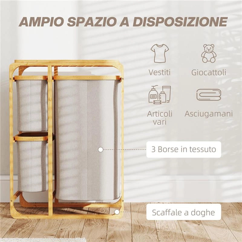 CESTINO PORTABIANCHERIA IN BAMBÙ CON 3 SACCHI E RIPIANI ESTRAIBILI IN TESSUTO 50X32X69.7 CM COLOR BAMBÙ E CREMA