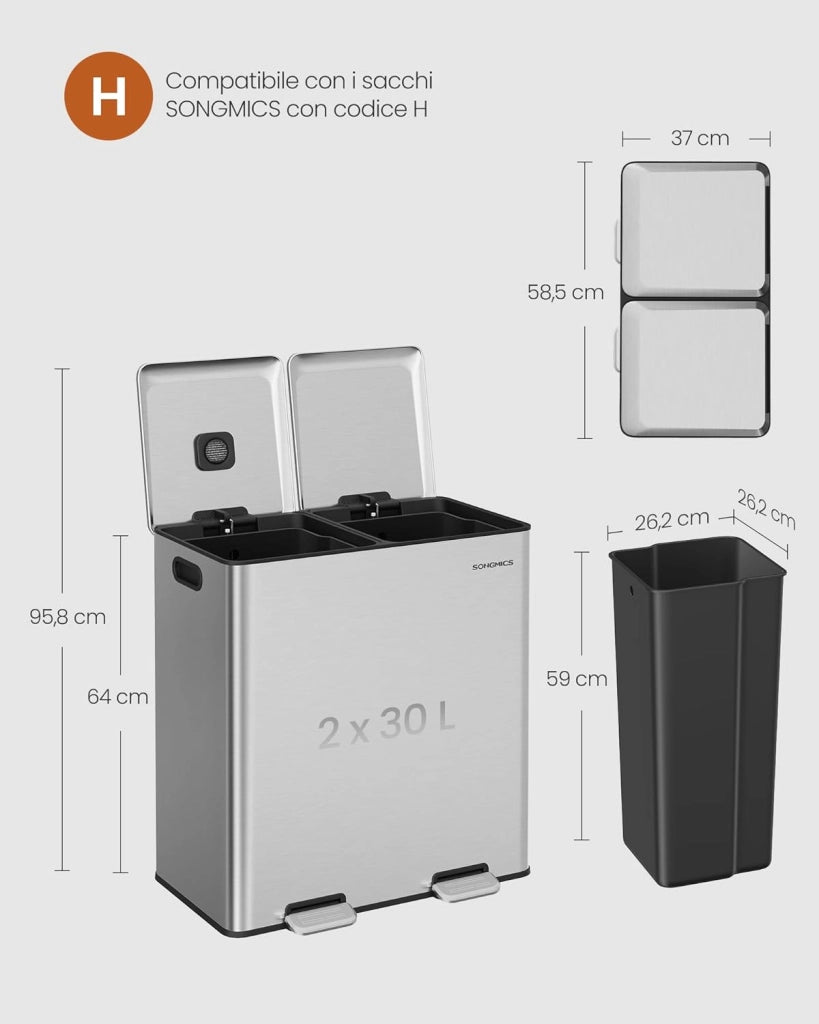 SONGMICS Cestino da Cucina, 2 x 30 L, 2 Scomparti per Raccolta Differenziata, con Coperchi a Chiusura Morbida e Secchi Interni Rimovibili, Pedali, Acciaio Inox, Argento Metallizzato LTB743E01