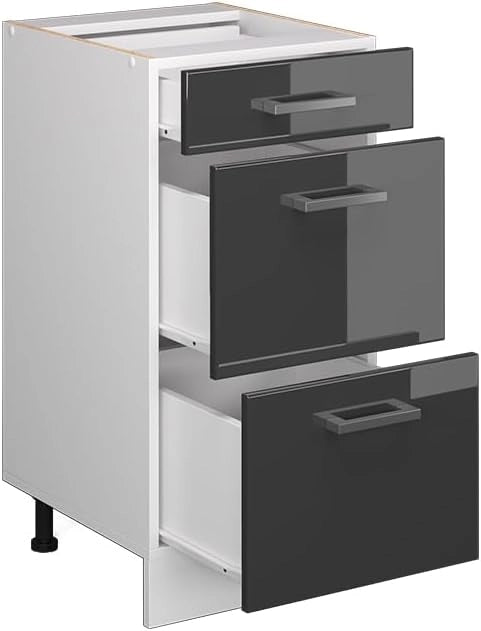 Mobiletto base per cucina R-Line, Antracite lucido, 40 cm con cassetti, senza piano di lavoro, per la libera combinazione all'interno di sistemi cucina modulari