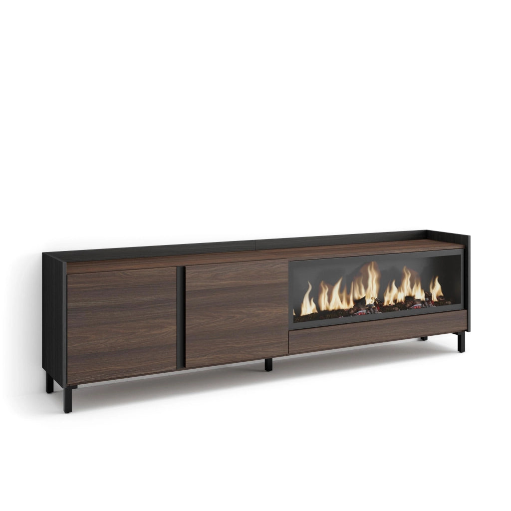 Mobile TV Soggiorno, 212x61x35 cm, Per TV fino a 80", Camino elettrico XXL, Design industriale, Rovere scuro e Nero