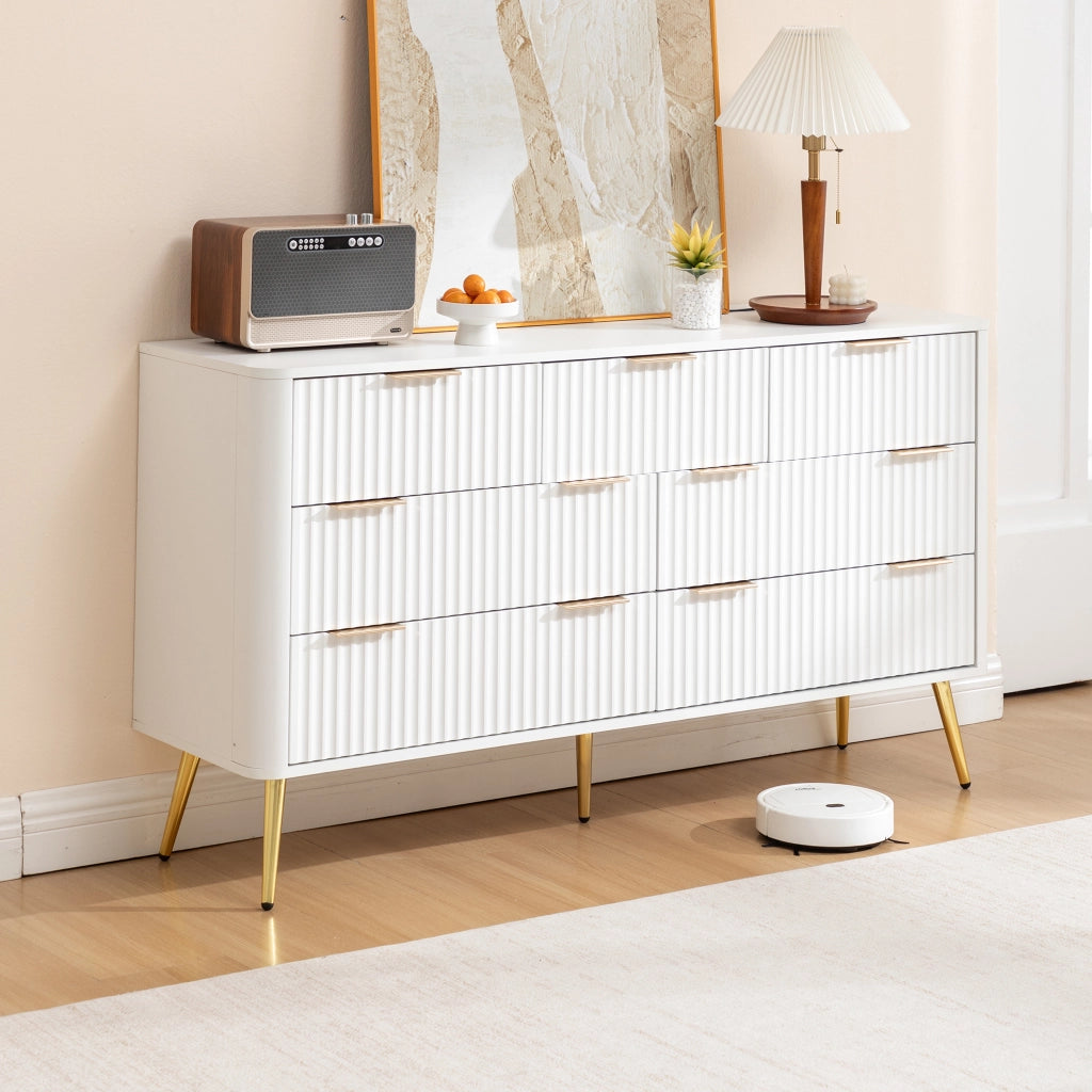 Settimanale con 7 cassetti e chiusura ammortizzata, maniglie in metallo, per ingresso, in MDF bianco, 145 × 40 × 80 cm