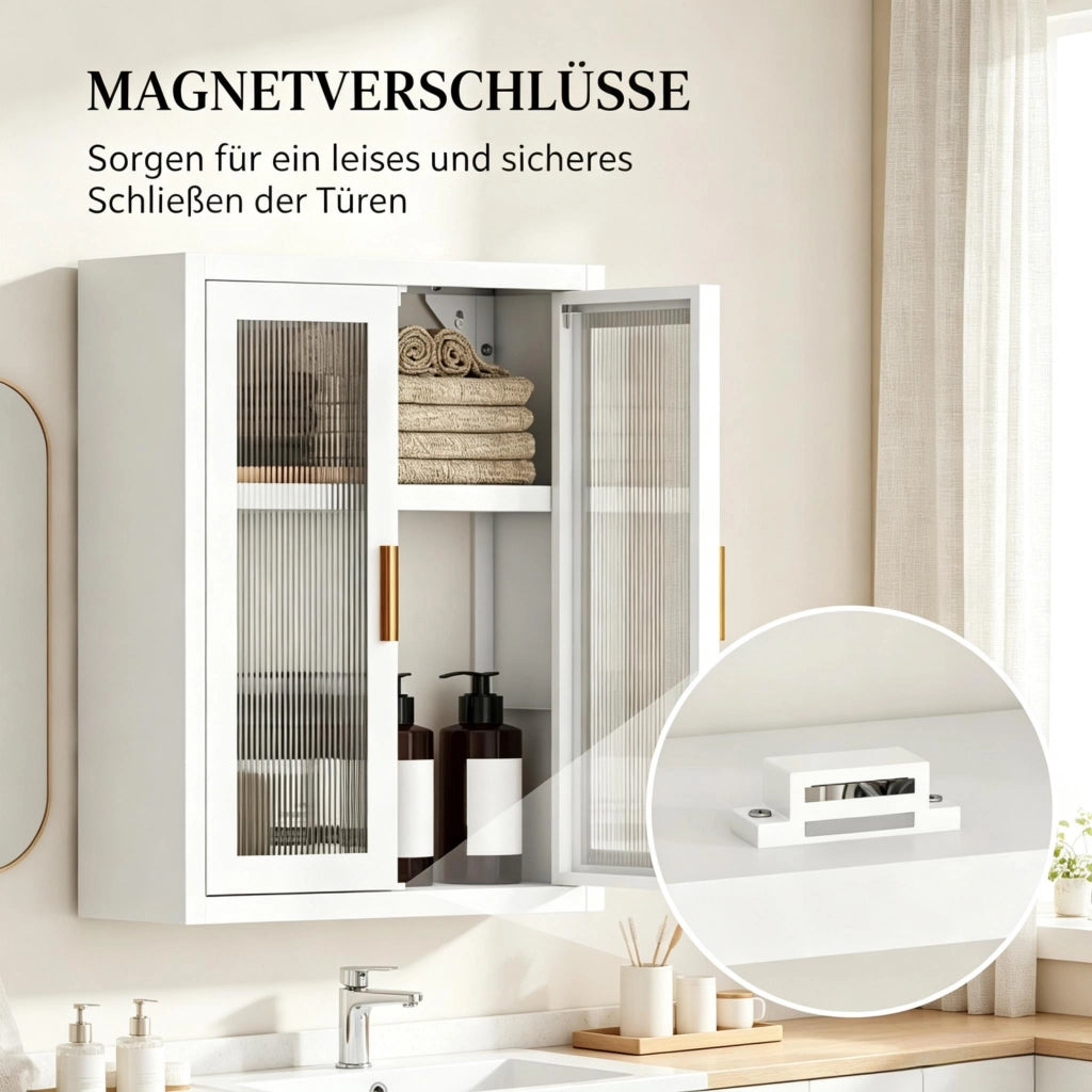 Mobiletto da bagno alto a parete con due ante e ripiano interno regolabile in altezza.