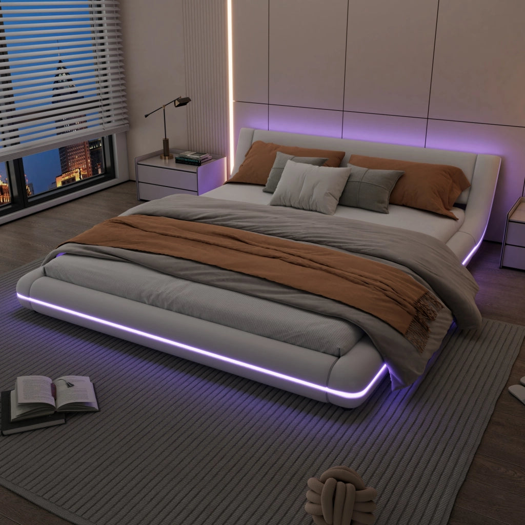 Letto a pavimento 160x200 cm in PU e MDF con illuminazione LED