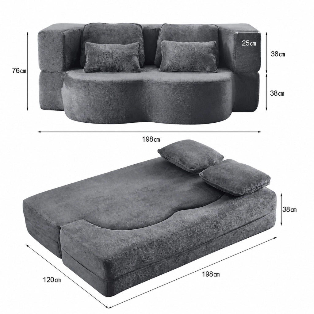 Divano futon pieghevole in schiuma ad alta densità con 4 cuscini in tessuto morbido blu e grigio 36.0 × 36.0 × 143.0 cm