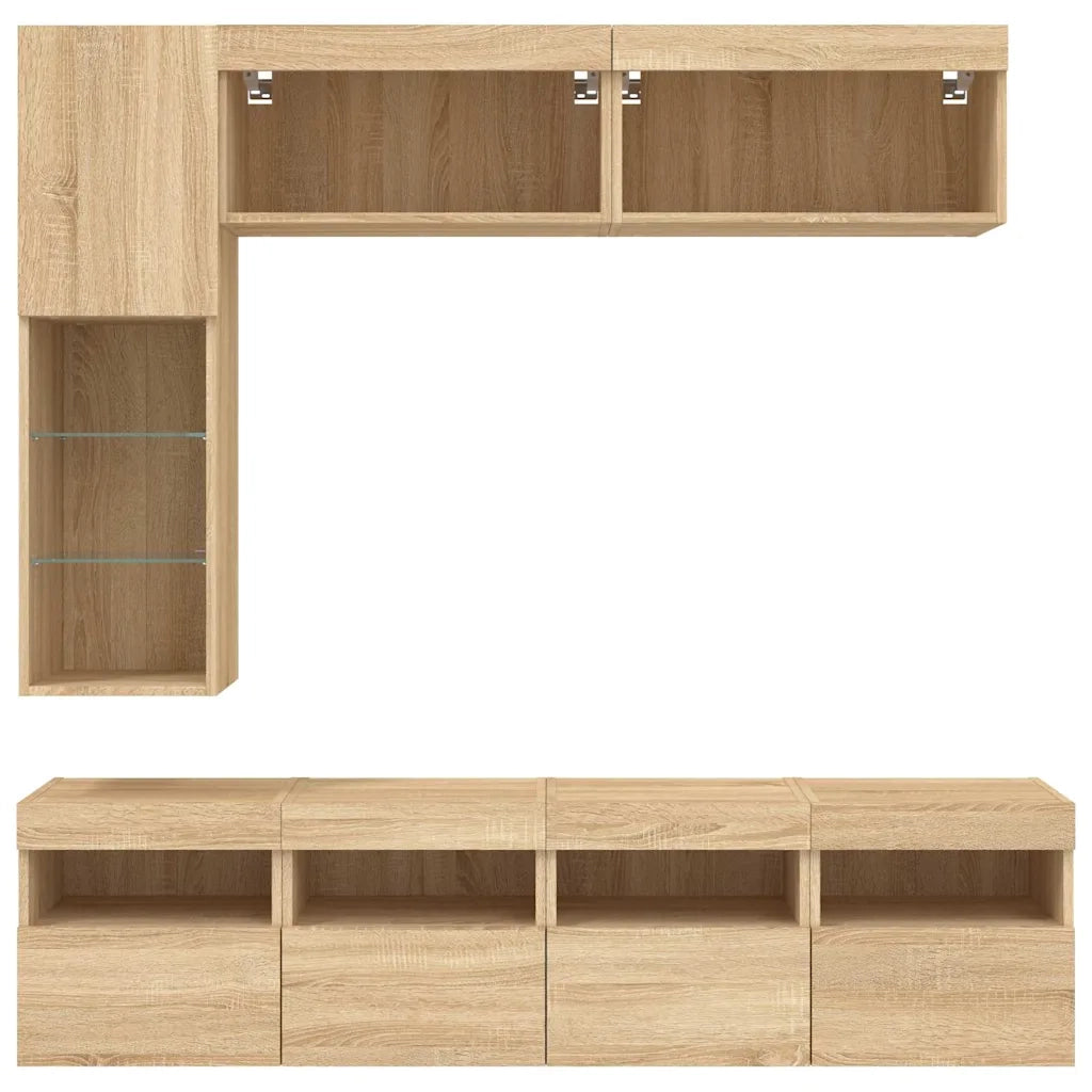 Set Mobili TV a Muro 7 pz con Luci LED Rovere Sonoma