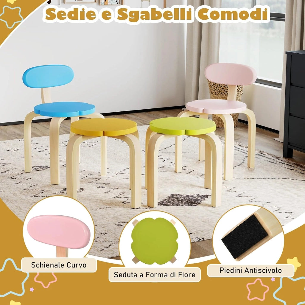 Set Tavolo e Sedie per Bambini, Set Mobili a Forma di Fiore con 2 Sedie e 2 Sgabelli, Tavolo Attività con Contenitore Nascosto, Set Gioco a 5 Pezzi in Legno per Bambini 3+ Anni