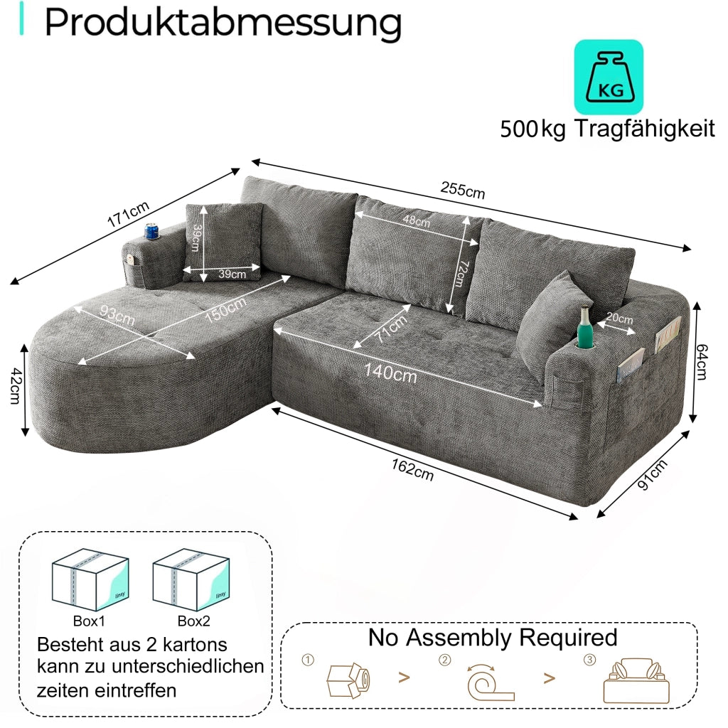 Divano angolare a L con portabicchieri in acciaio inox e tasche laterali, tessuto in lino grigio 255 × 170 × 67 cm