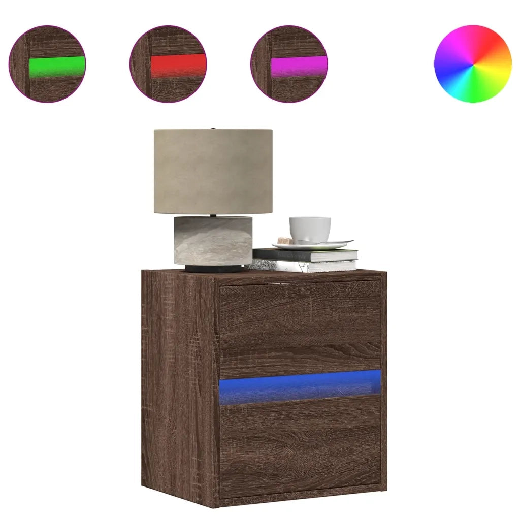 Comodini a Parete con luci LED 2 pz Rovere Marrone 3307974