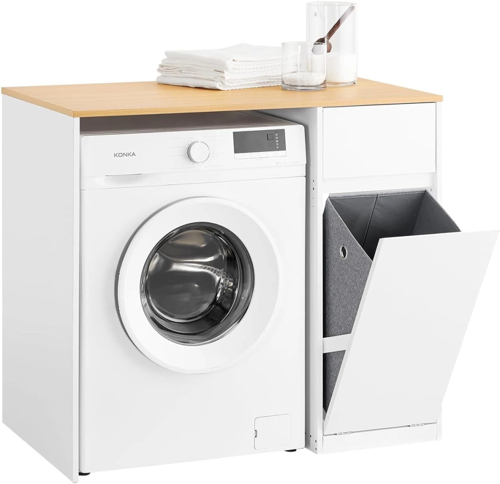 Mobile per lavatrice – Armadio da bagno con cesto portabiancheria e cassetto, per lavatrice e asciugatrice, Mobiletto salvaspazio legno, Bianco,100×60×90 cm, BZR217-WN