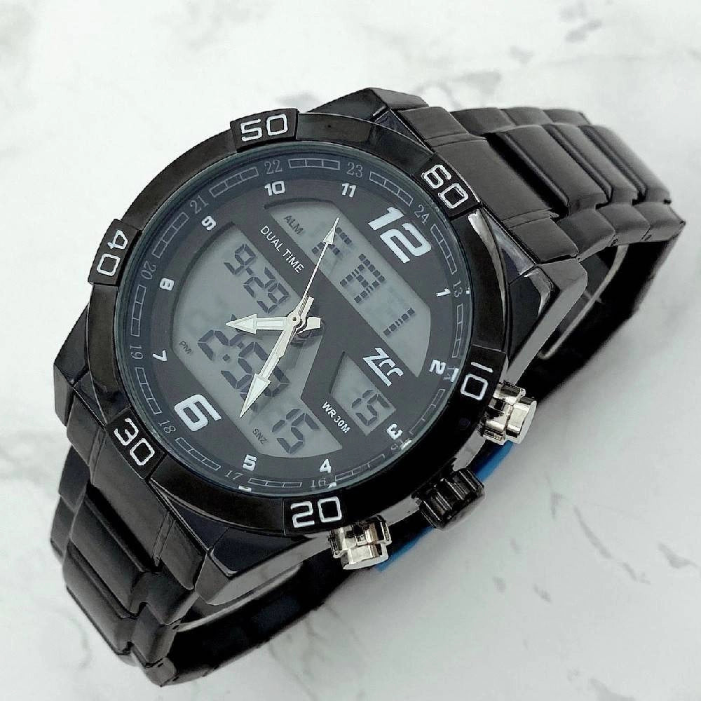 Trade Shop - Orologio Da Polso Zcc Uomo In Acciaio Dual Time Resistente All'acqua Wr30m Nero -