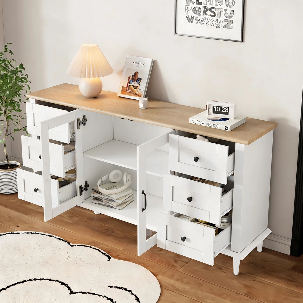 Credenza Soggiorno con LED, 6 Cassetti e 2 Ante ¨C MINIMAL ¨C Bianco/Legno 150x40x75