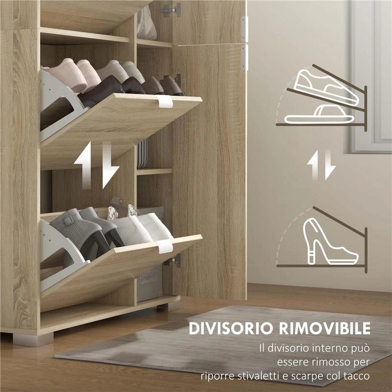 SCARPIERA CON SPECCHIO PER 16 PAIA DI SCARPE, 4 CASSETTI A RIBALTA E 2 ARMADIETTI, 82X30X168CM, ROVERE