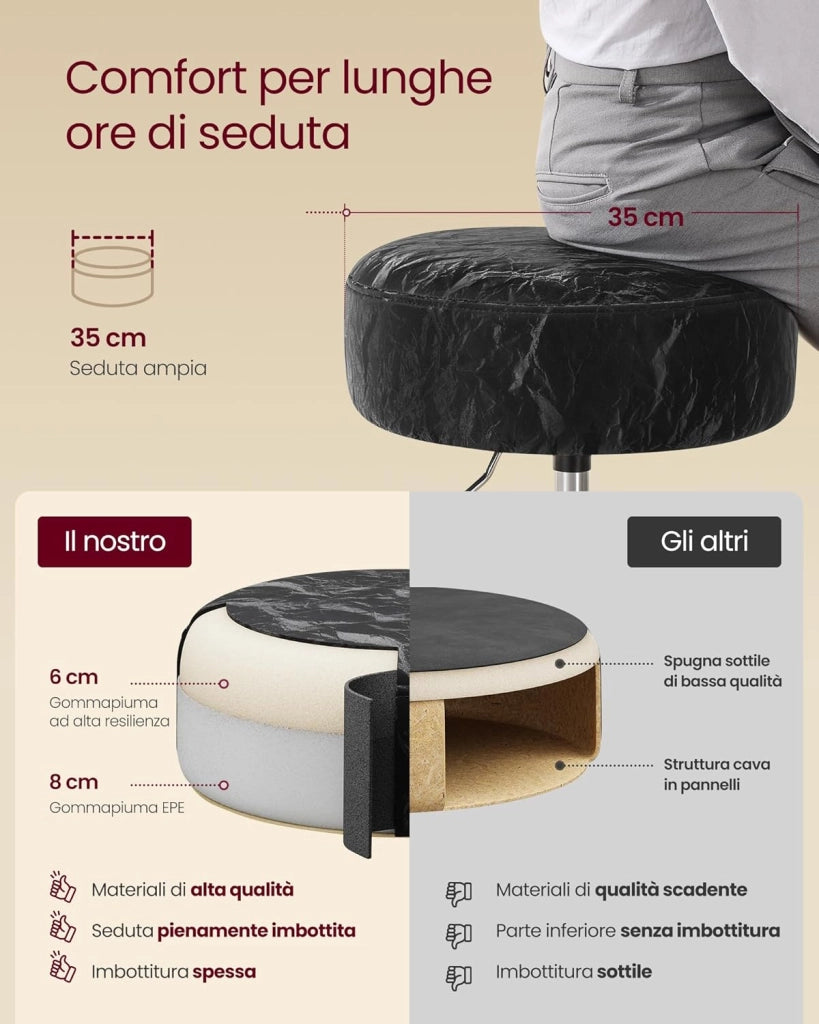 VASAGLE Sgabello da Trucco, Sedia per Toeletta, Regolabile in Altezza, Girevole a 360°, in PU, Seduta Spessa, per Camera da Letto Cucina Sala da Pranzo, Moderno, Nero Inchiostro LJB120B01
