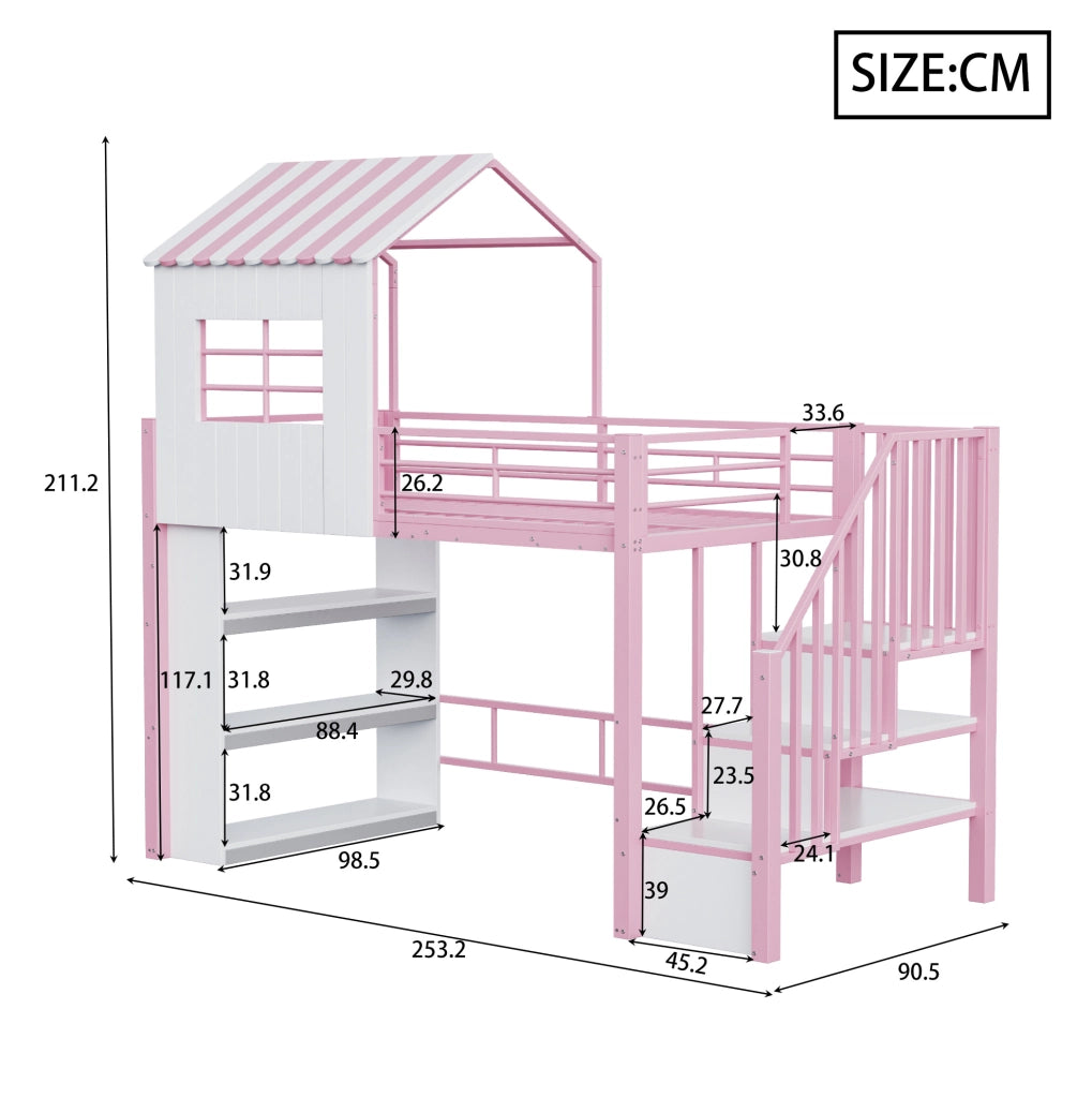 Letto a soppalco 90x200 cm rosa con scala contenitore e scaffale, struttura in metallo e MDF