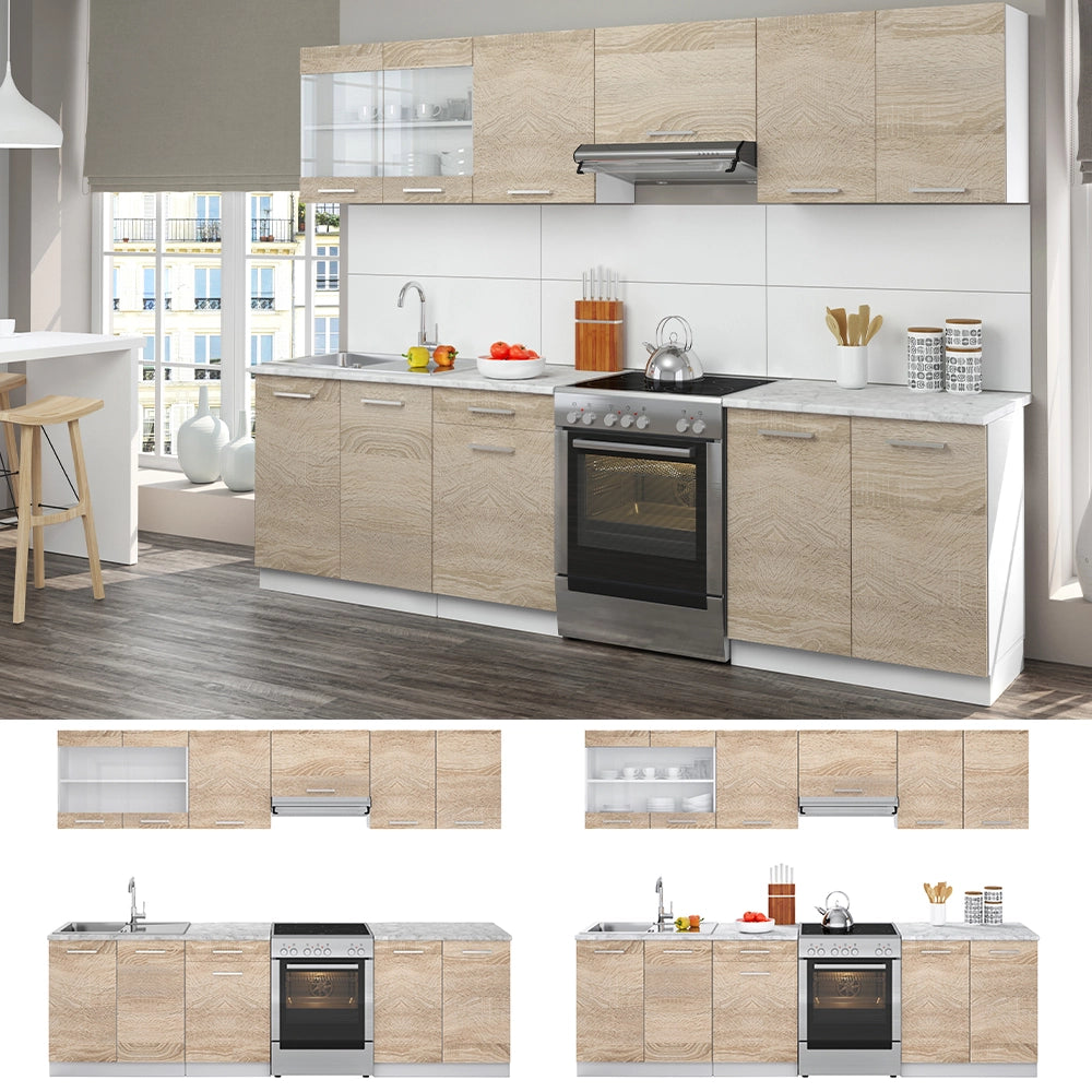 Mobile da cucina Raul Sonoma/Bianco 270 cm, PL Marmo con striscia LED Vicco