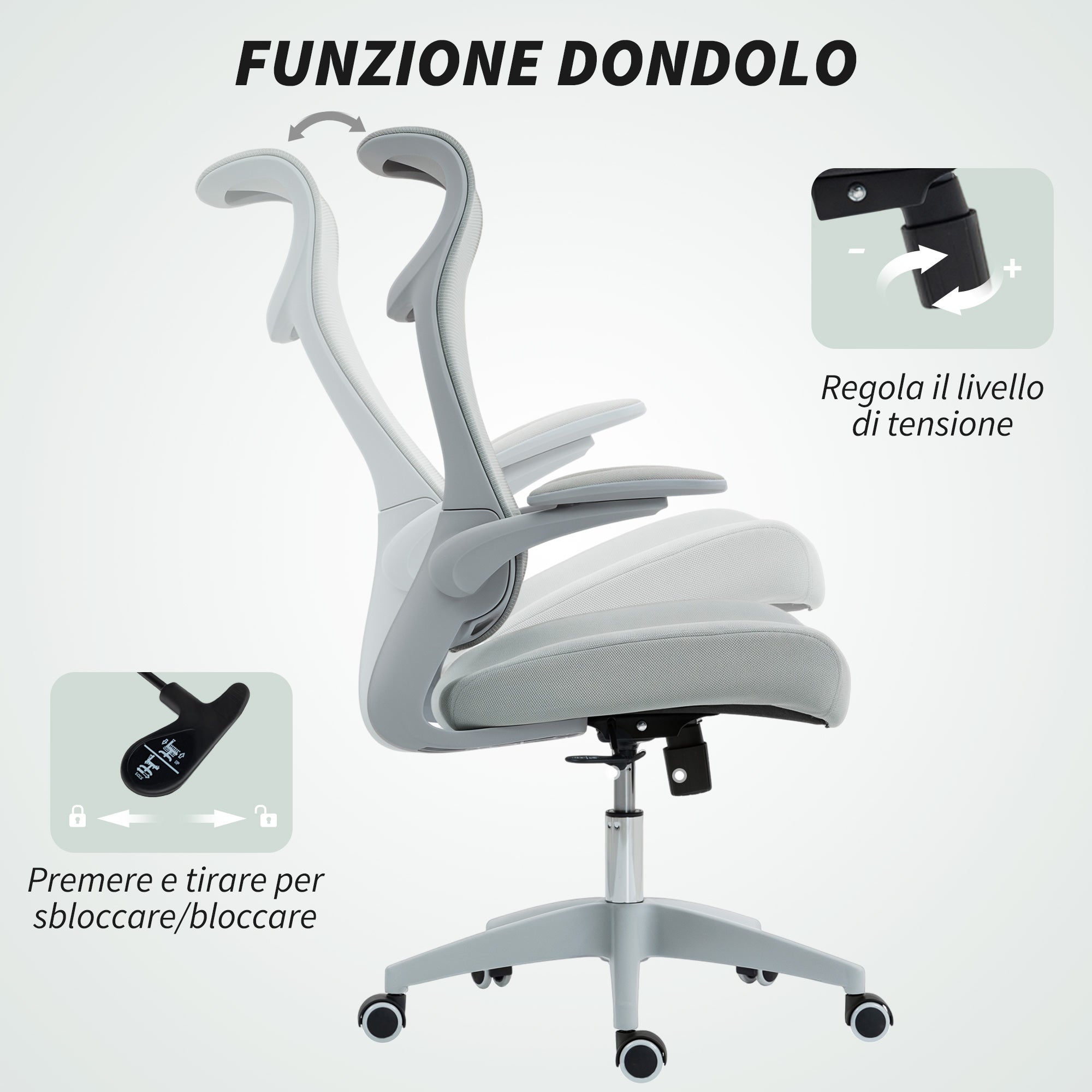 Sedia da Ufficio Ergonomica con Braccioli Regolabili Schienale a Rete e Poggiatesta Grigio