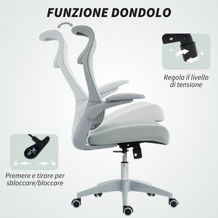 Sedia da Ufficio Ergonomica con Braccioli Regolabili Schienale a Rete e Poggiatesta Grigio