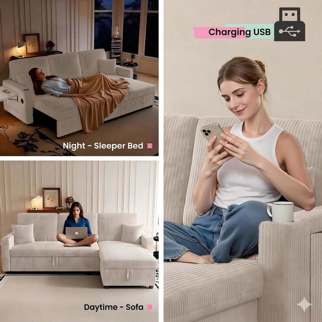 Divano angolare convertibile modulare con contenitore e porta USB, portabicchieri, beige in velluto a coste