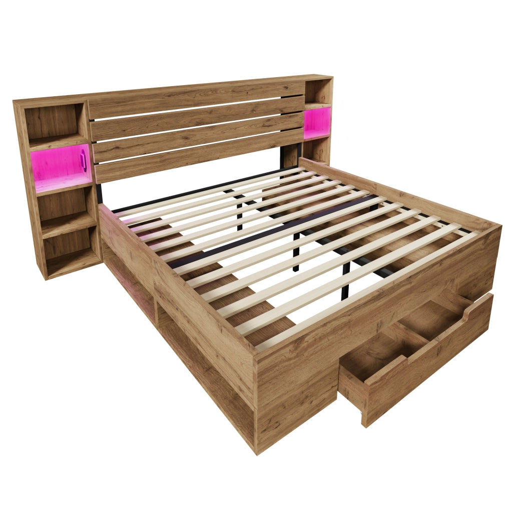 Letto matrimoniale ULEVR 160x200 cm con LED, USB e Type-C, vani nel testiera e 2 cassetti, rovere