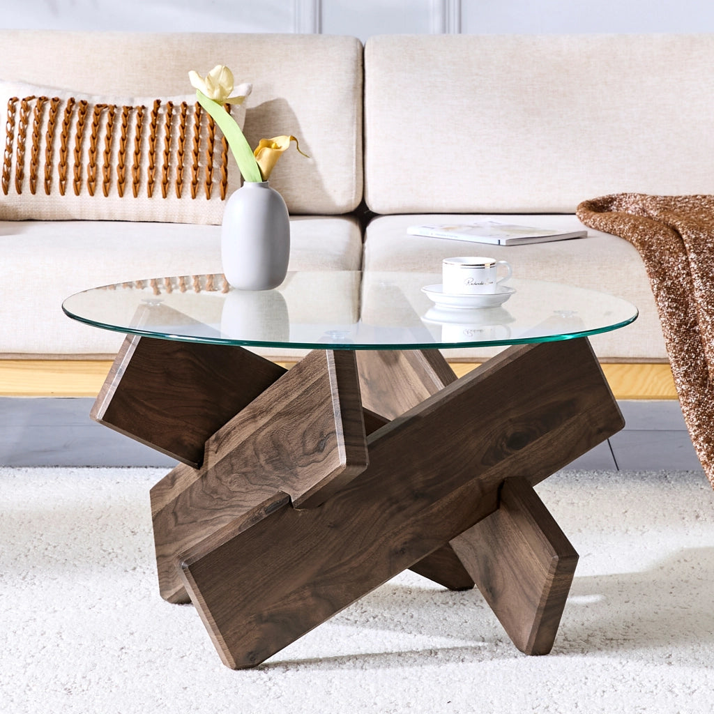Tavolino da caffè con base a croce e piano in vetro - per soggiorno - 79 cm - trasparente
