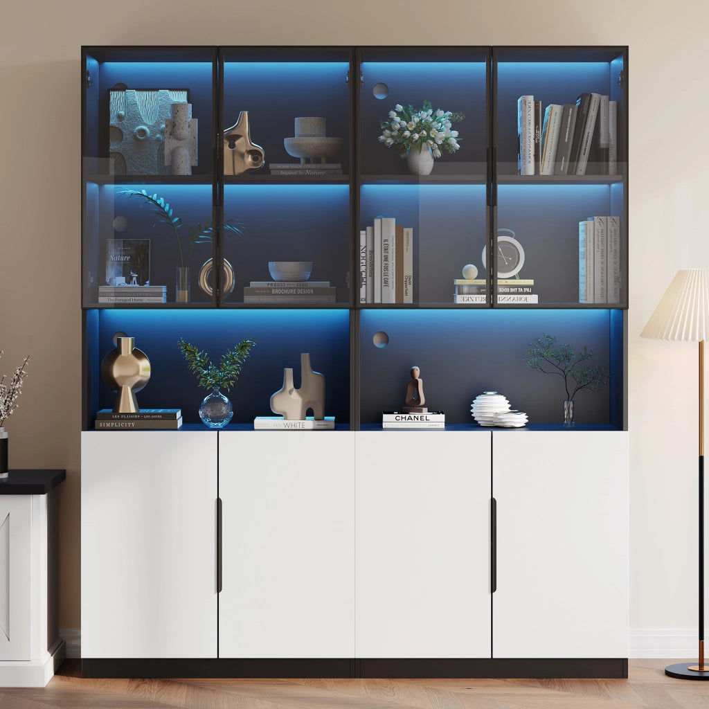 Vetrina con led e ante in vetro, vano aperto e ripiano regolabile, per soggiorno, 160 × 30 × 200 cm