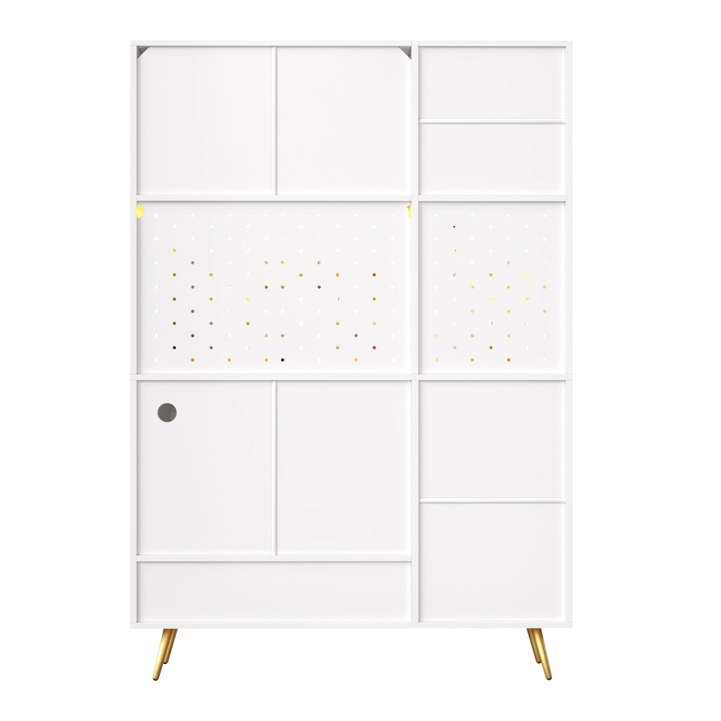 Credenza alta con LED e prese USB in MDF e vetro, con ripiani e cassetto, bianco per cucina e soggiorno 120 × 40 × 176 cm