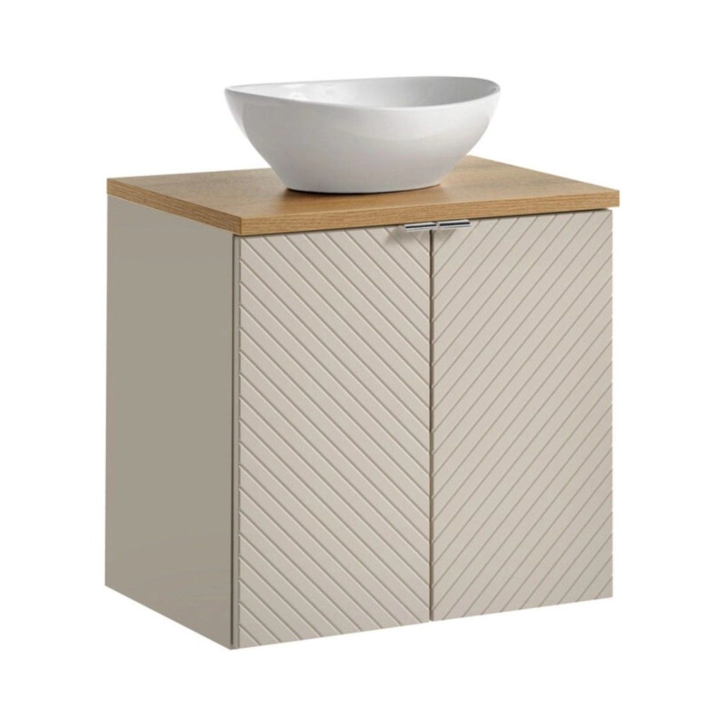 Insieme AOKI: mobile sottolavabo con armadietti 60cm + piano lavabo in rovere + lavabo bianco rotondo da appoggio