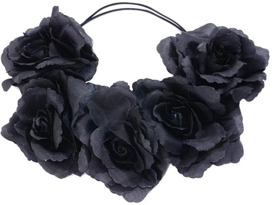 Corona di fiori elegante per capelli - Nuziale/Festivo - Rose nere - Disegno affascinante - Benda per capelli - Leggera 24x11x2cm