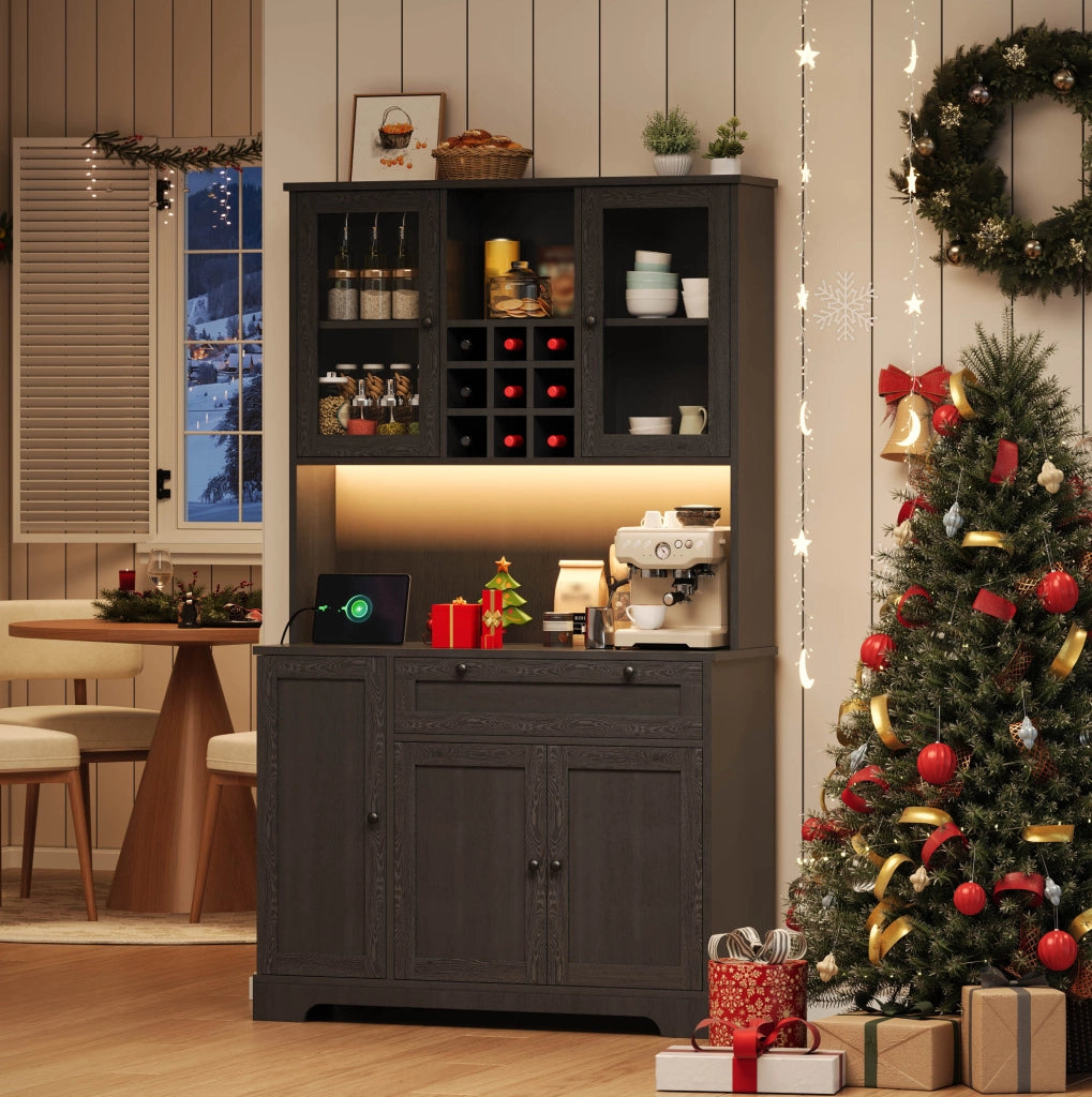 Credenza cucina alta 180x105x40 cm con LED; prese USB e AC; MDF nero