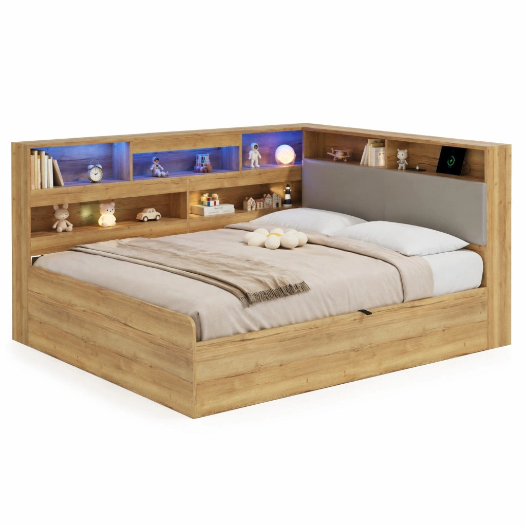 Letto daybed con contenitore idraulico; LED e presa USB; 90x200/140x200 cm; naturale